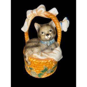 Cat Basket Ceramic figurine Bell J.S.N.Y. Sri Lanka Vintage Collectible Decor